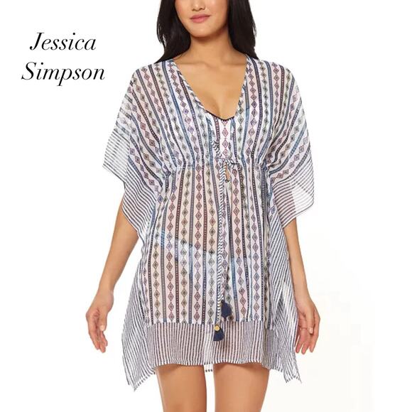 Jessica Simpson Moroccan Stripe Drawstring Tassels Caftan Swim Cover-Up Size M - Picture 1 of 8